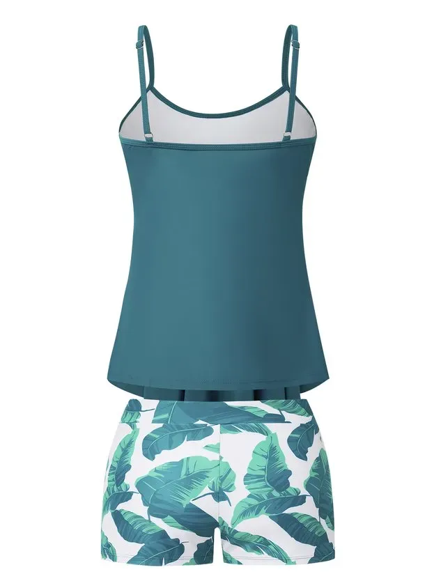 Vacation Plants Printing Scoop Neck Tankinis Two-Piece Set