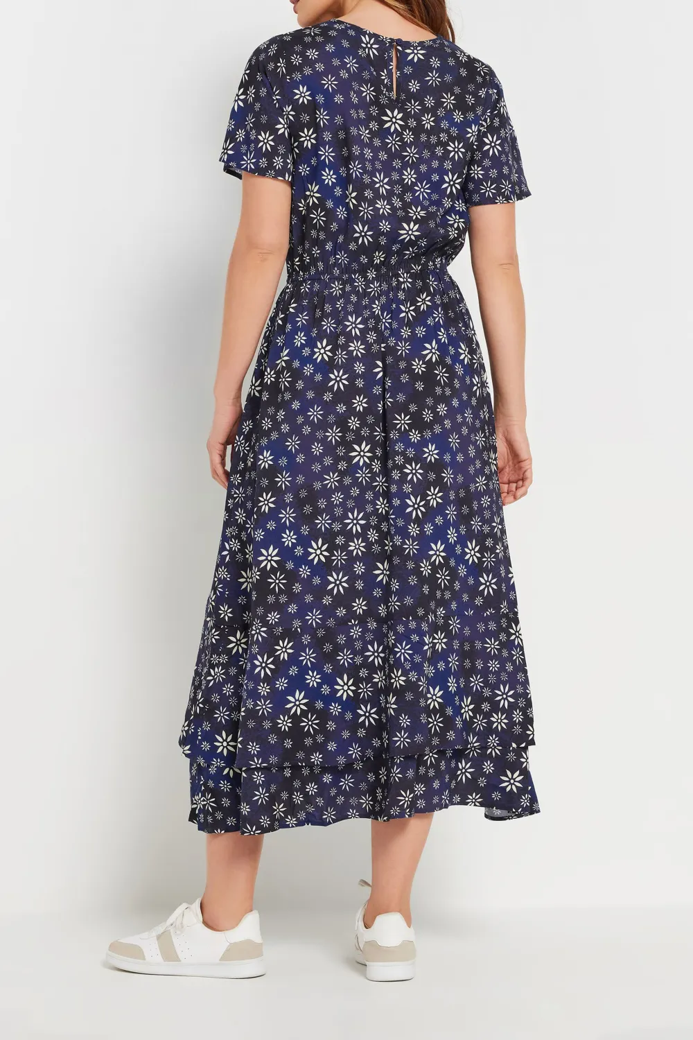 Casual Style Navy Blue Ditsy Floral Tie Waist Dress