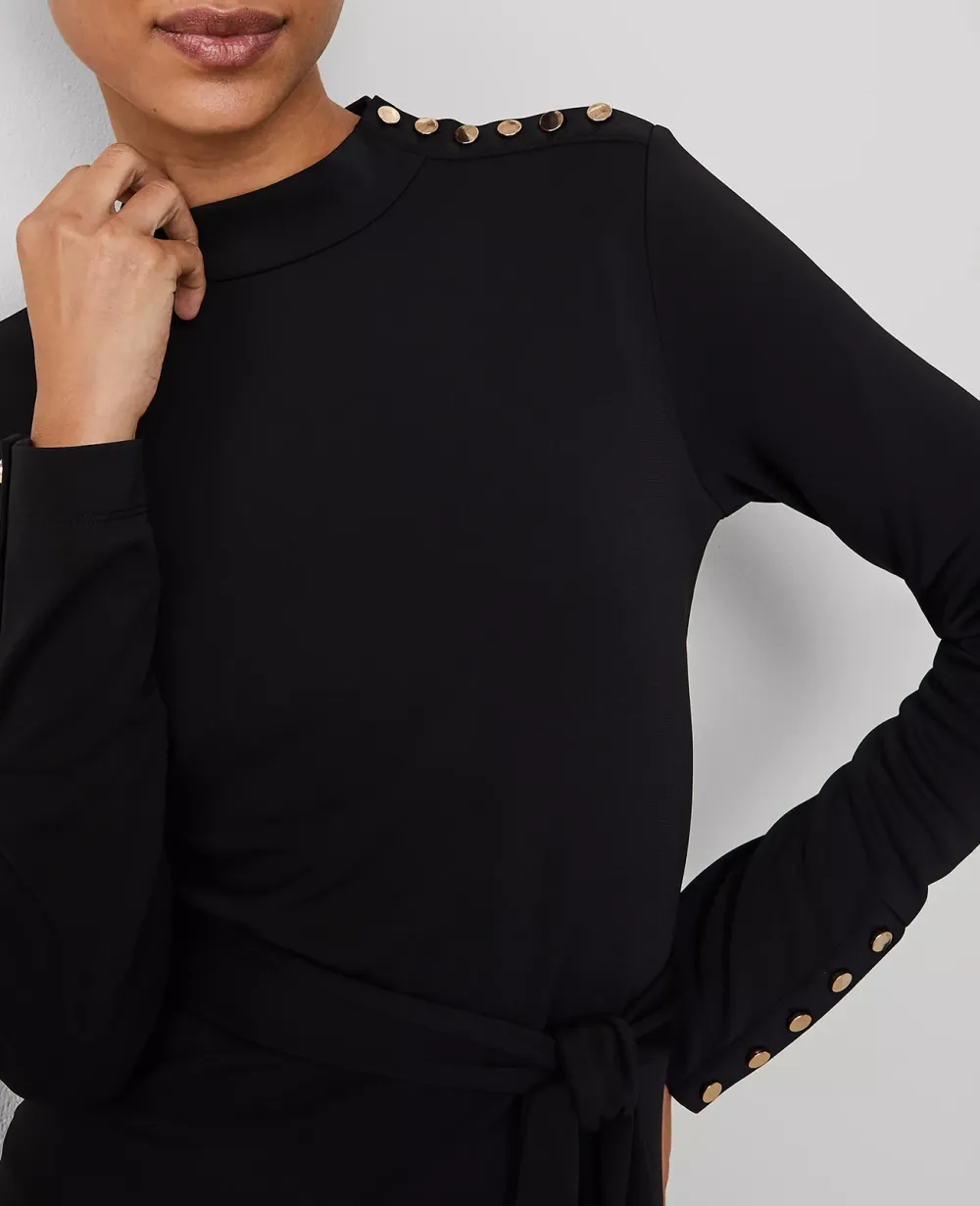 Mock Neck Belted Column Knit Midi Dress