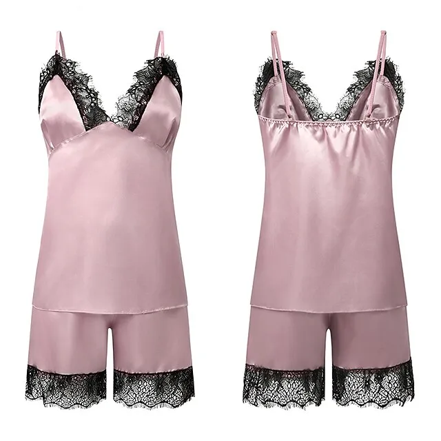 Women's Lace Satin Silk Pajamas Sets 4 Pcs Home Party Daily St.Patrick's Day Elastic Waist Pure Color Satin Simple Casual Soft Strap Top Shorts Fall Winter Spring Strap Short Sleeves Long Sleeve