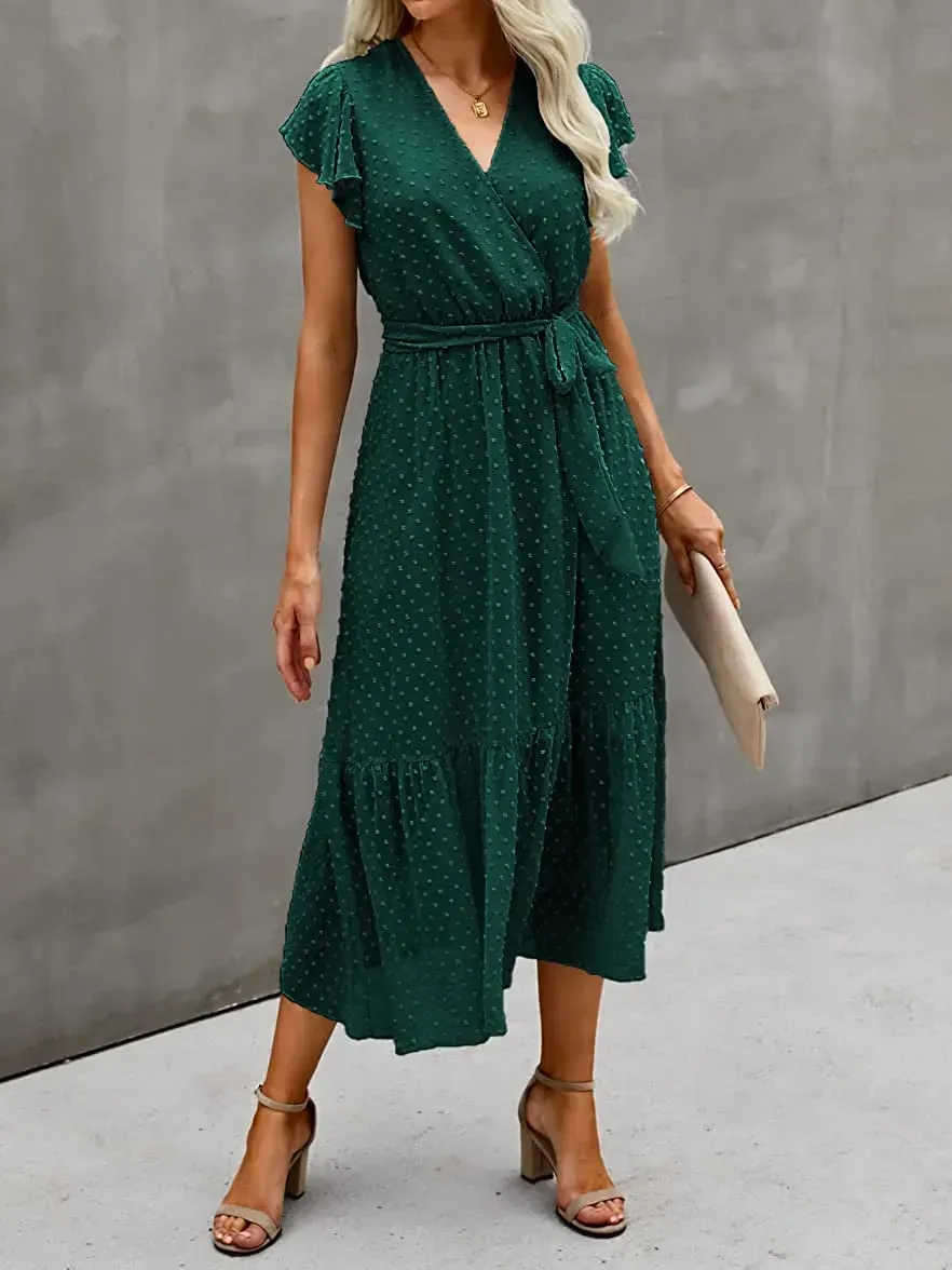 Women Summer Bohemian Floral Casual Wrap V Neck Ruffle Cap Sleeveless Belt A-Line Pleated Hem Swing Midi Sun Dress
