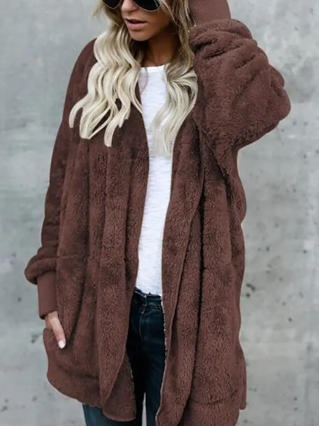 Women's Fleece Jacket Sherpa Jacket Teddy Coat Coat Outdoor Street Daily Fall Winter Long Coat Regular Fit Warm Breathable Casual Jacket Long Sleeve Solid Color Pocket with Pockets Black White Pink