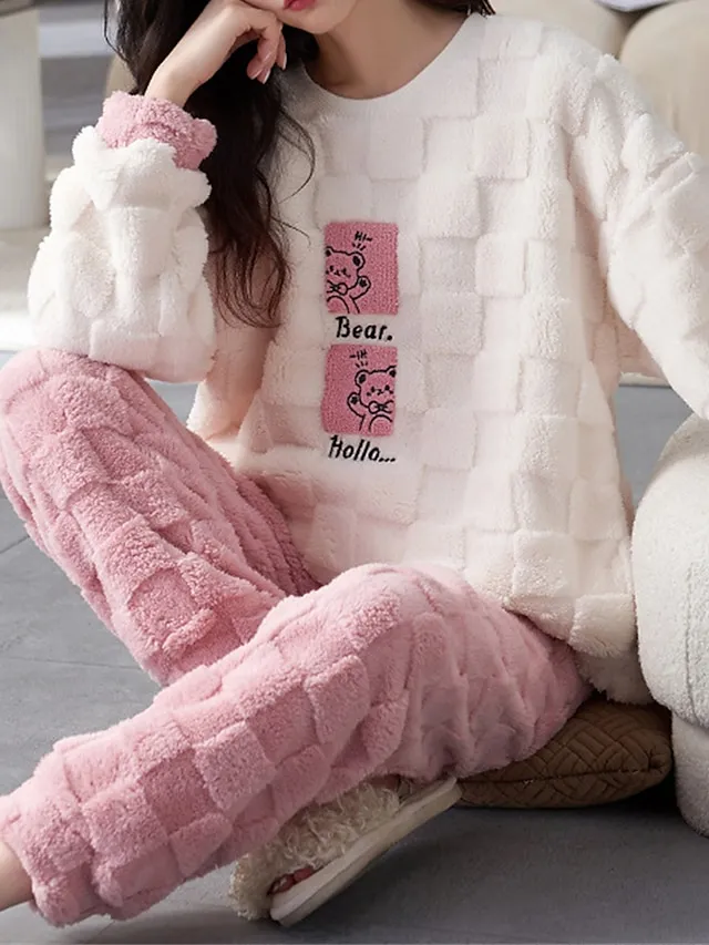 Women's Pajamas Sets Letter Bear Plush Casual Comfort Home Daily Bed Coral Fleece Coral Velvet Warm Crew Neck Long Sleeve Pullover Pant Fall Winter 3206 Pink Checkered Bear Girl 3202 Pink Checkered