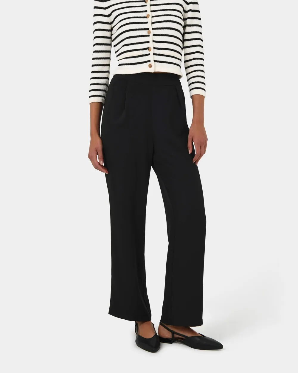 Straight Wide Leg Elastic Waist Pants -Black