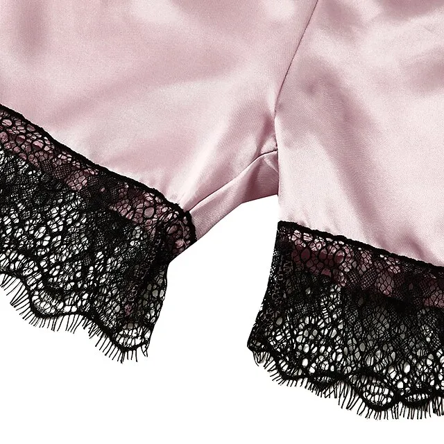 Women's Lace Satin Silk Pajamas Sets 4 Pcs Home Party Daily St.Patrick's Day Elastic Waist Pure Color Satin Simple Casual Soft Strap Top Shorts Fall Winter Spring Strap Short Sleeves Long Sleeve