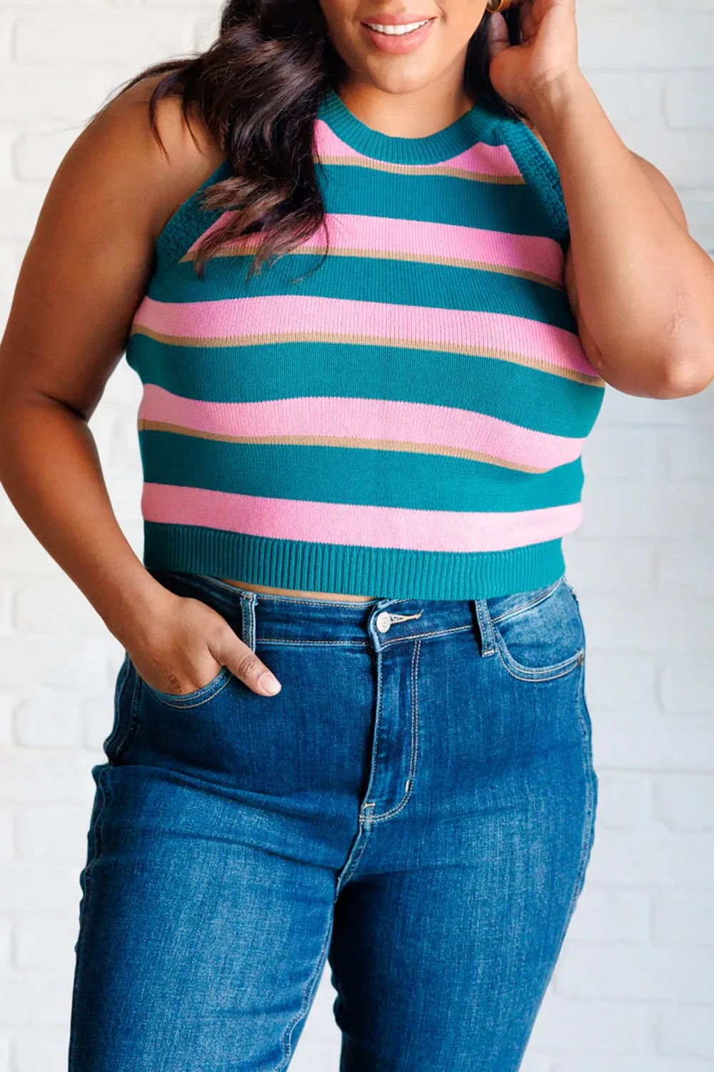 Classic Contrasting Stripes Blue And Pink Stripes Knitted Top