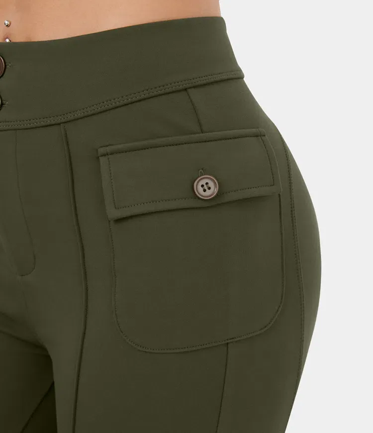 High Waisted Button Side Flap Pocket Flare Casual Cargo Pants