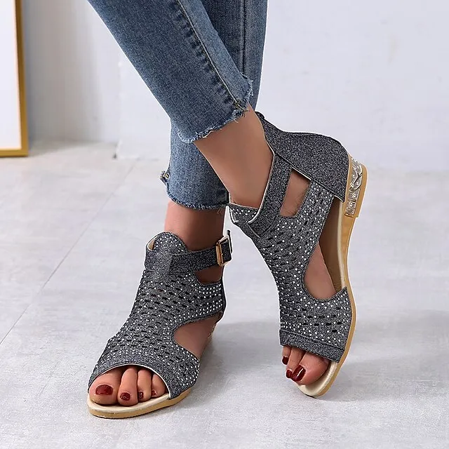 Women's Sandals Wedge Sandals Plus Size Party Outdoor Work Summer Spring Rhinestone Wedge Heel Peep Toe Elegant Classic Casual Faux Leather Zipper Solid Color Black Gold Beige