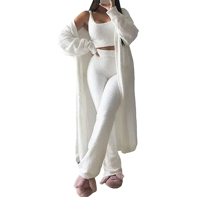 Women's Loungewear Sets Fluffy Fuzzy Sweatsuit 3 Pieces Pajama Pure Color Warm Fashion Simple Party Home Street Fleece Crew Neck Sleeveless Crop Top Pant Elastic Waist Winter Fall Black Camel