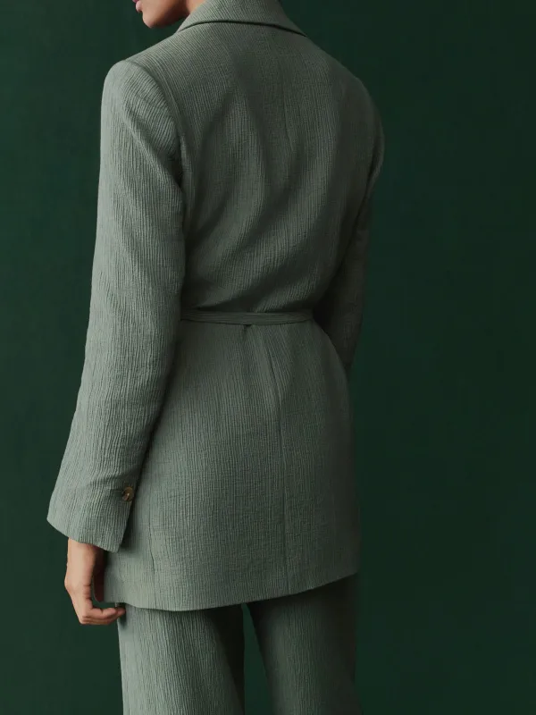 Green Textured Pleated Collar Casual Blazer