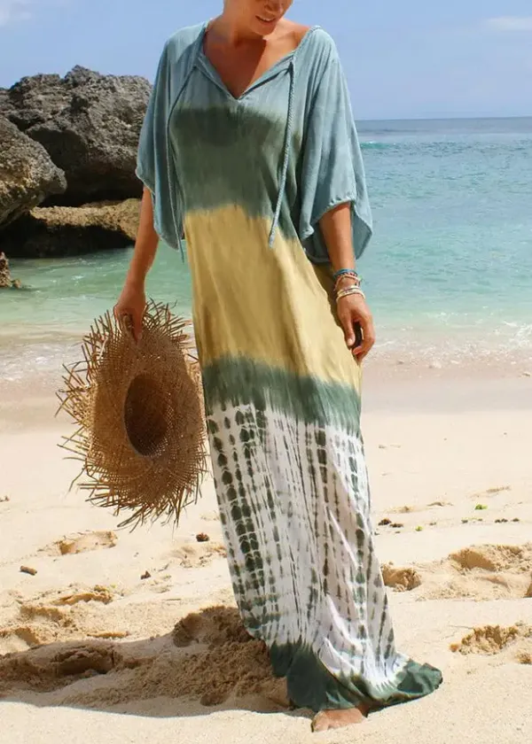 Fashion Neck Tie Print Long Beach Dress Short Sleeve