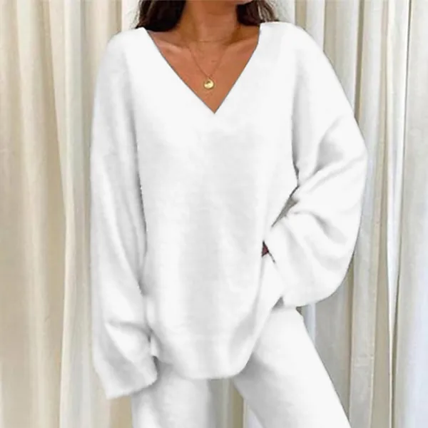 Women's Fleece Lounge Sets 2 Pieces Solid Color Fluffy Fuzzy Warm Pajama V Neck Long Sleeve for Fall Winter White S 3XL