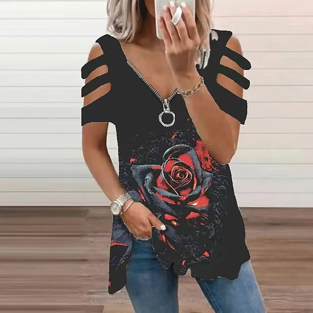 Women Tops T-Shirt Hollow-Out Shoulder Short Sleeve Casual Blouse Shirts Flower Print V-Neck Zipper Shirt