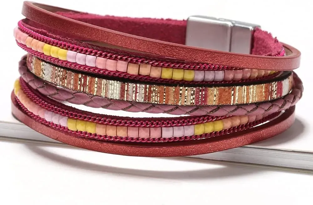 Fesciory Leather Wrap Bracelets for Women, Boho Leopard Multi-Layer Crystal Beads Cuff Bracelet Jewelry