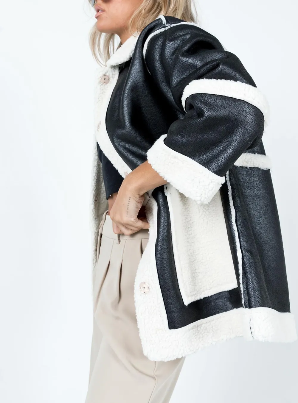 Contrast Panel Faux Leather Shearling Jacket