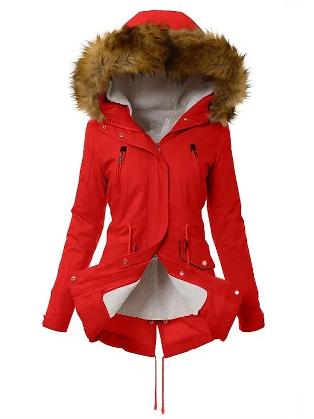 Women's Parka Fleece Lined Puffer Jacket Thermal Warm Winter Coat Windproof Heated Coat with Fur Collar Zip up Drawstring Hooded Coat with Pocket Outerwear Long Sleeve