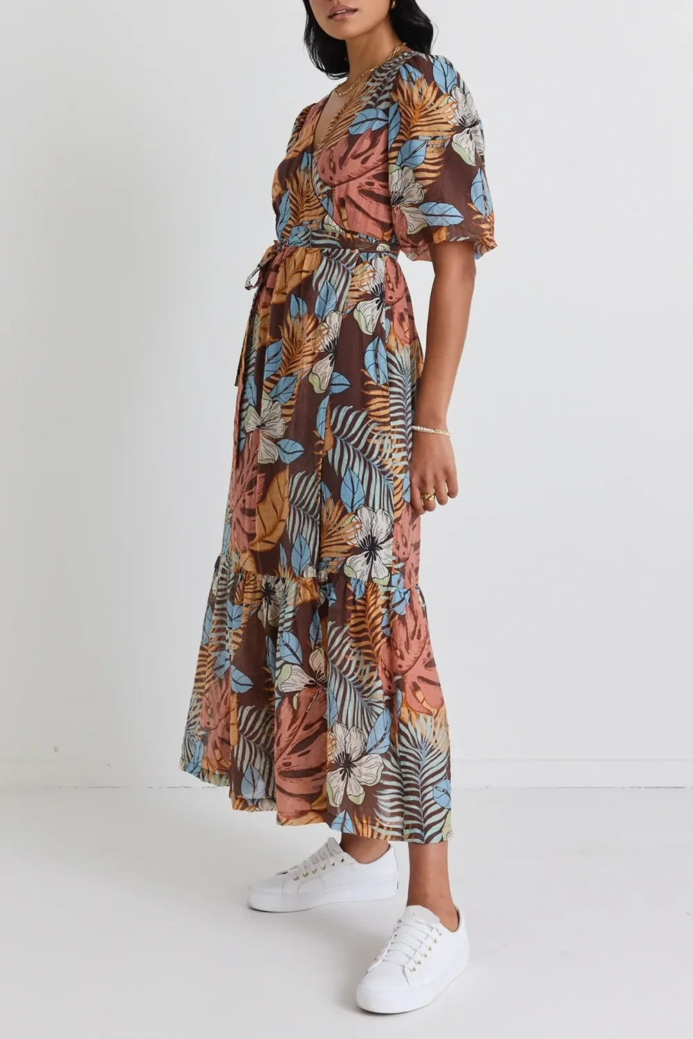 Ocean Tropical Print Wrap Midi Dress