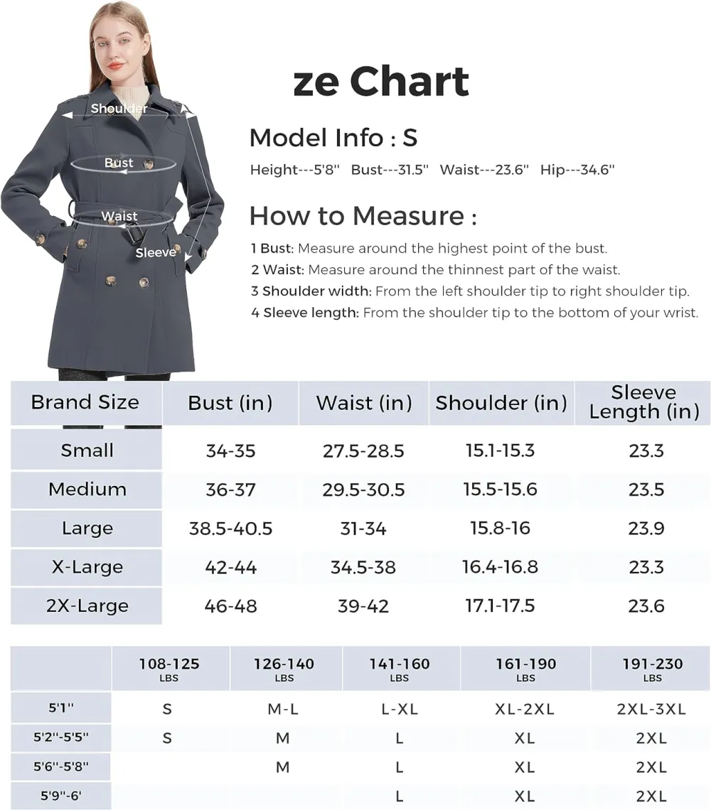 Women's Double Breasted Pea Coat Winter Mid-Long Trench Coat with Belt