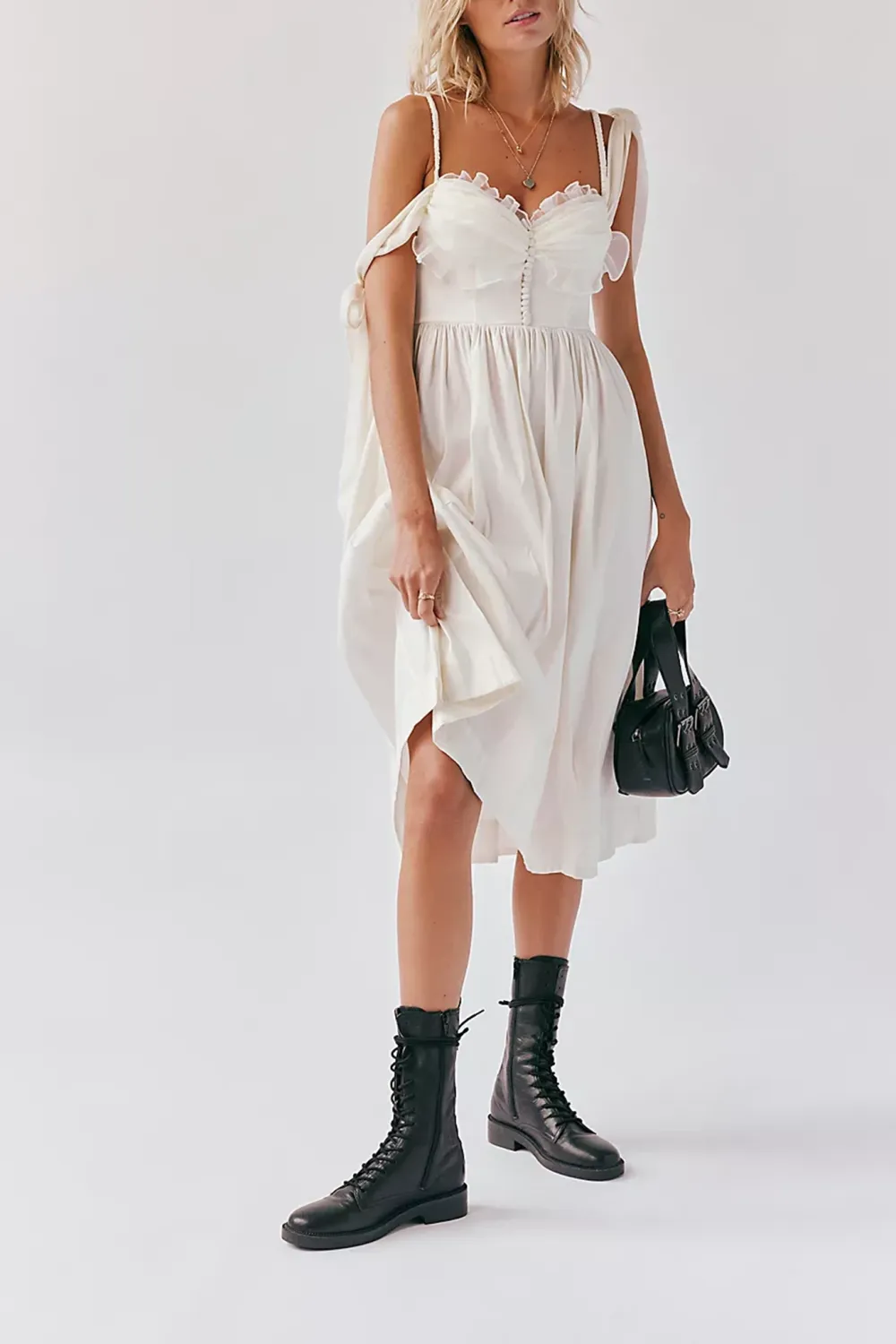 Off Shoulder Lace Trimmed Midi Dress