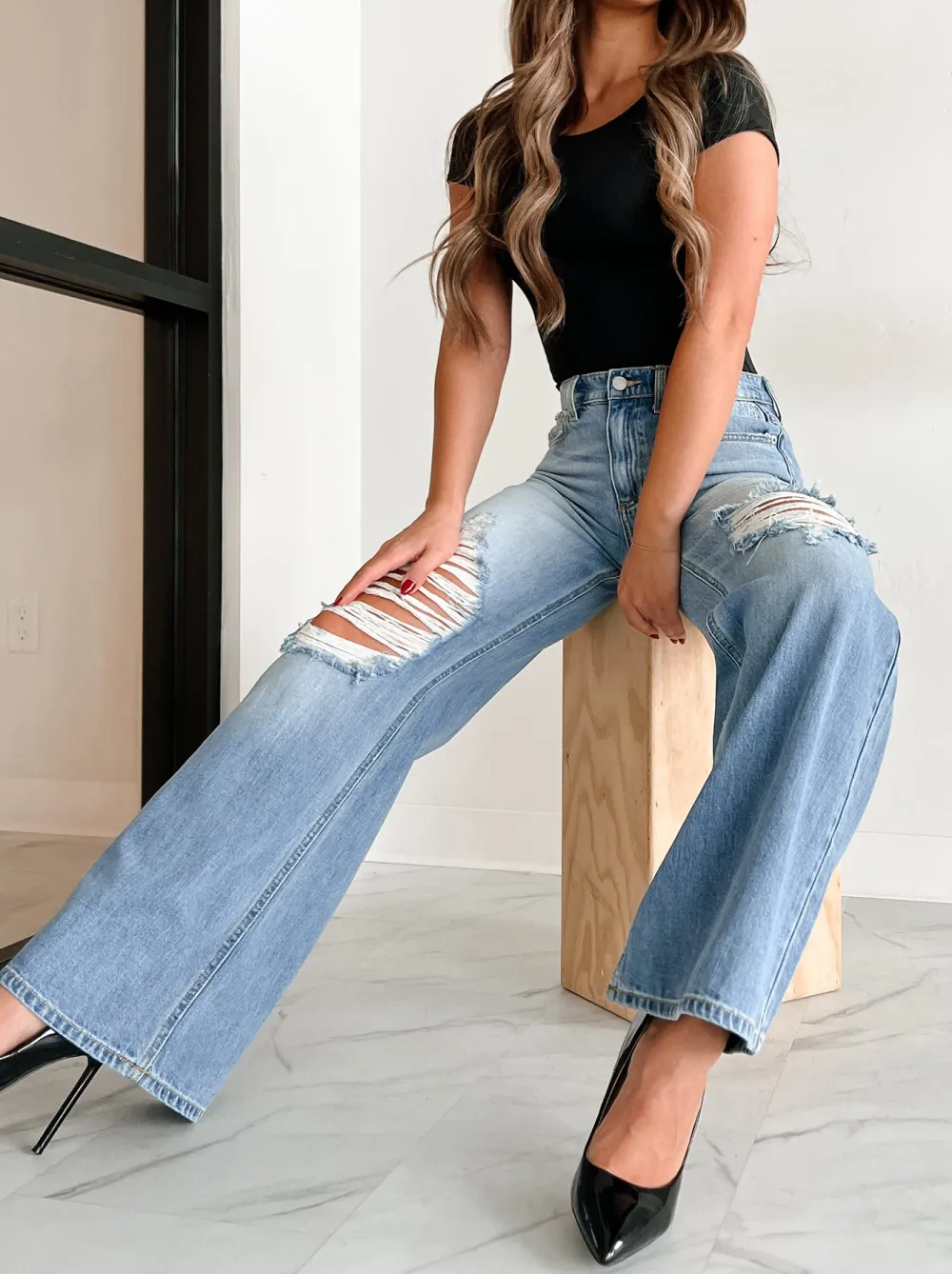High-Waisted Ripped Wide-Leg Loose Jeans