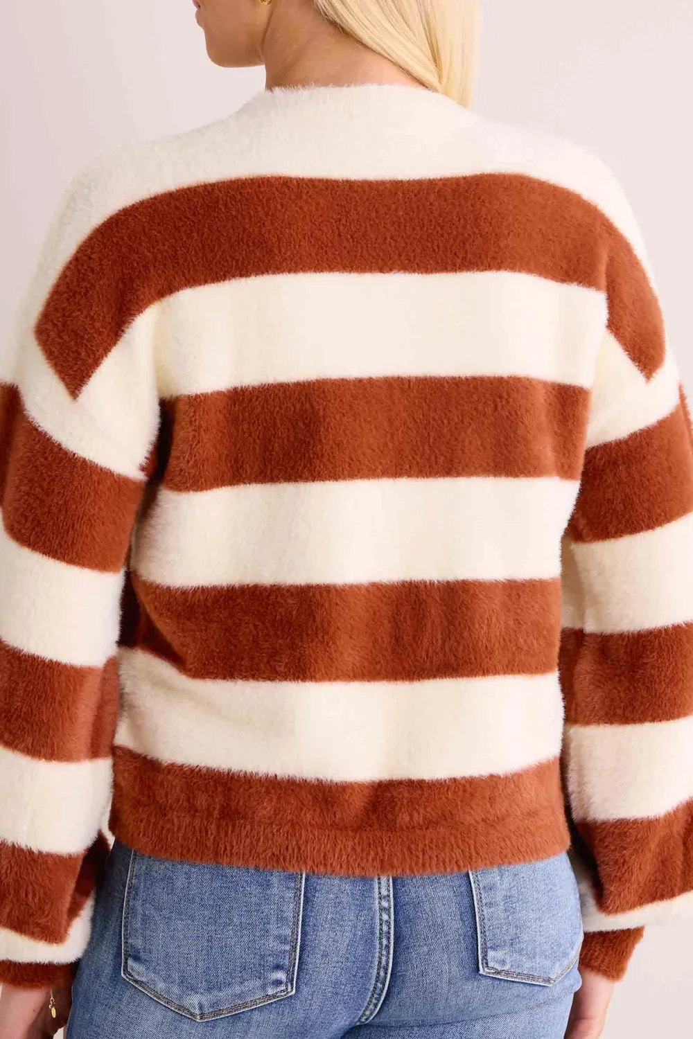 Striped Fuzzy Knit Crew Neck Sweater