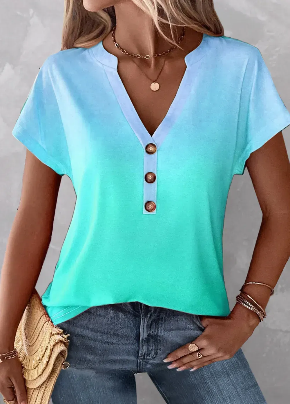 Mint Green Button Ombre Short Sleeve T Shirt