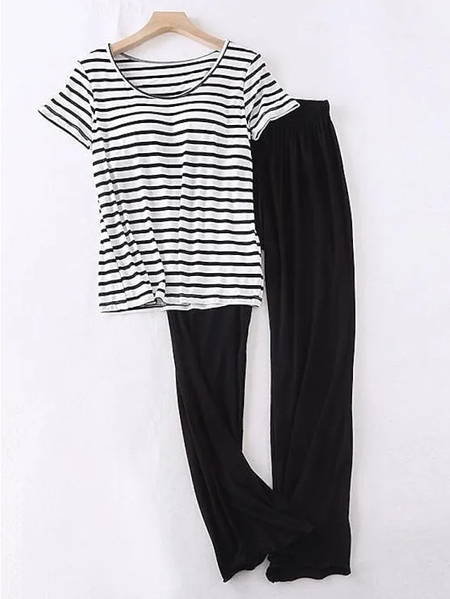 Women's 2 Piece Pajama Sets  with Chest Pad Long Sleeve Stripe Shirt and Pants Crew Neck Spring Autumn Pink Blue