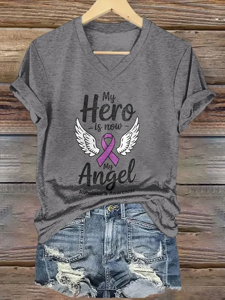 Women'S My Here Is Now My Angel Alzheimer'S Awareness V-Neck T-Shirt