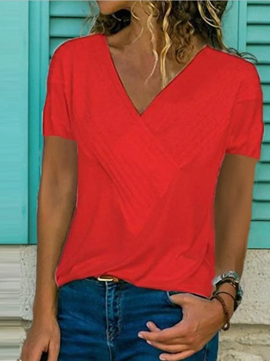 Casual V-neck Solid Color Short Sleeve T-Shirt