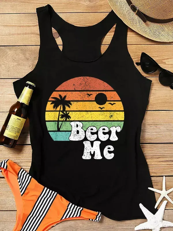 Beer Me Sunset Print Sleeveless Tank Top