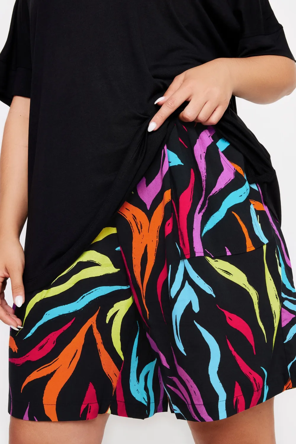 YOURS Curve Black Rainbow Zebra Print Paperbag Shorts