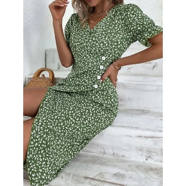 Women's Casual Dress Wrap Dress Floral Dress Floral Button Print V Neck Midi Dress Fashion Classic Daily Holiday Short Sleeve Regular Fit Black Dark Red Yellow Summer Spring S M L XL XXL
