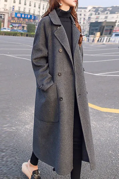 Hepburn Style Single Buckle Lapel Long Coat