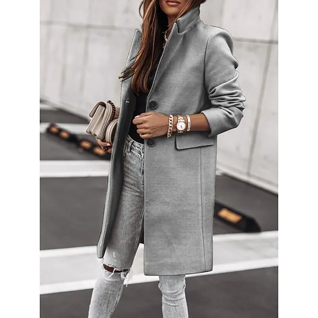 Women's Winter Coat Long Overcoat Fall Stand Collar Trench Coat Warm Windproof Pea Coat with Pockets Formal Stylish Casual Street Jacket Long Sleeve Black White Khaki