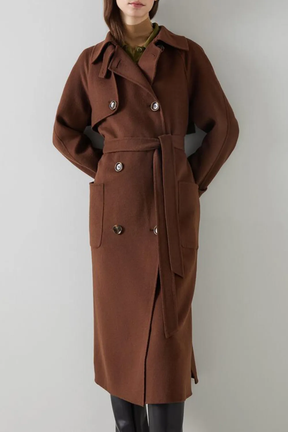 Brown Long Line Double Breasted Trench Coat