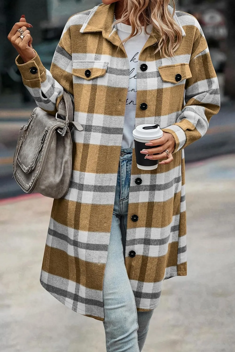 Women's Plaid Shacket 2023 Long Sleeve Button Up Flannel Shirt Winter Tartan Jacket Woolen Coats