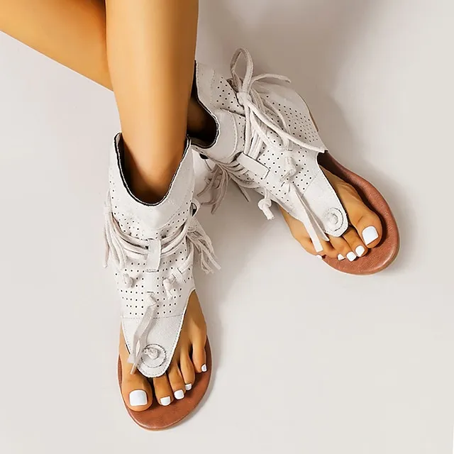 Women's Sandals Flat Sandals Gladiator Sandals Roman Sandals Outdoor Daily Beach Summer Lace-up Flat Heel Open Toe Vintage Casual Canvas Synthetics Loafer Solid Color Solid Colored Black Yellow Brown