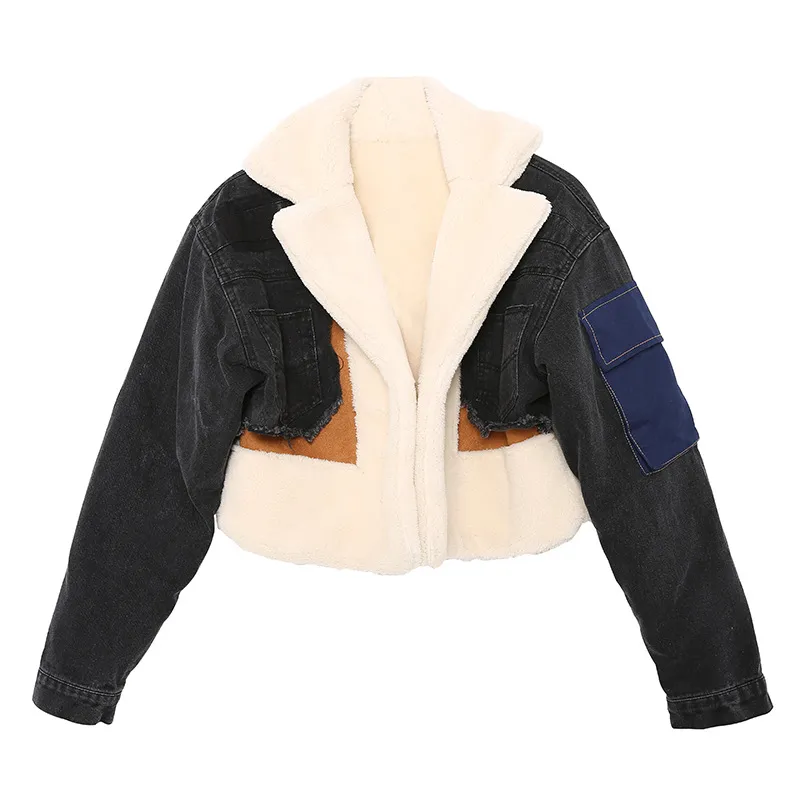 Fashion Plush Denim Stitching Lamb Wool Liner Thickened Short Jacket
