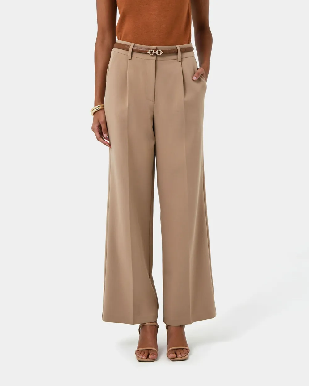 Straight Wide Leg Silhouette Pants -Warm Taupe