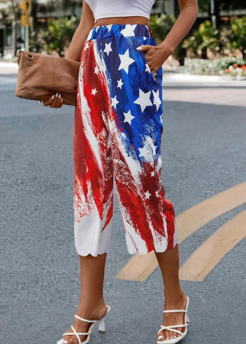 Multi Color Flag Print Elastic Waist Pants