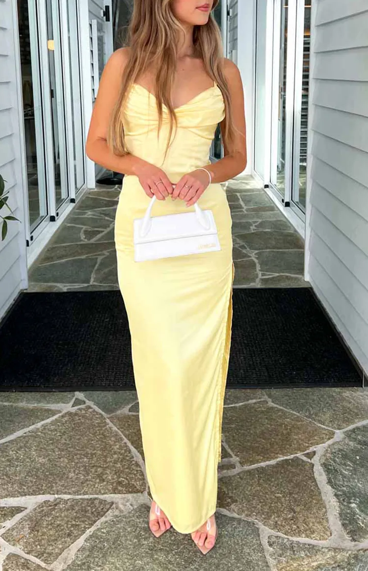 Sleeveless Yellow Satin Maxi Dress