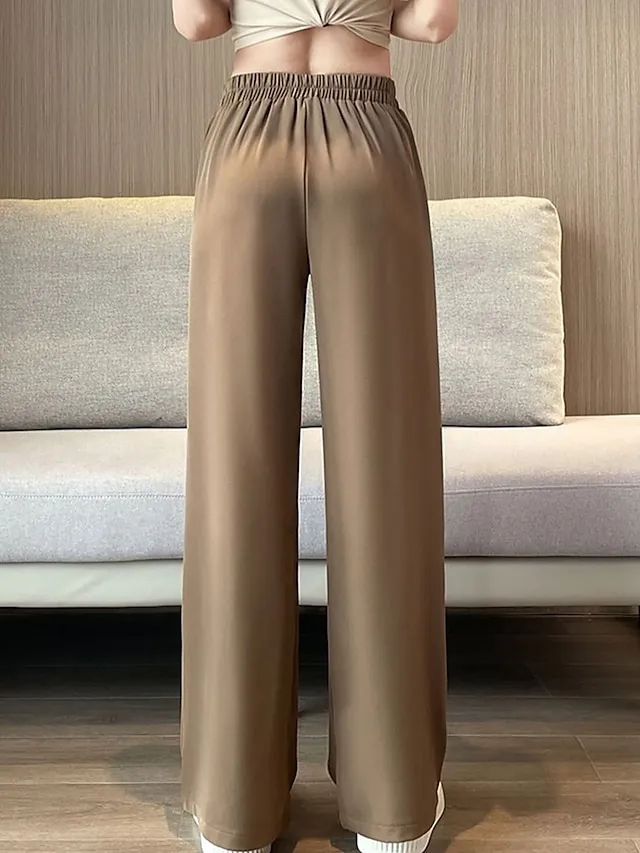 Women's Dress Pants Wide Leg Maillard Trousers Full Length Pocket Baggy Micro-elastic High Waist Fashion Streetwear Work Street Black Blue M L Summer Fall