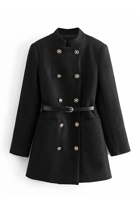 Front Buttons Stand Collar Coat in Black