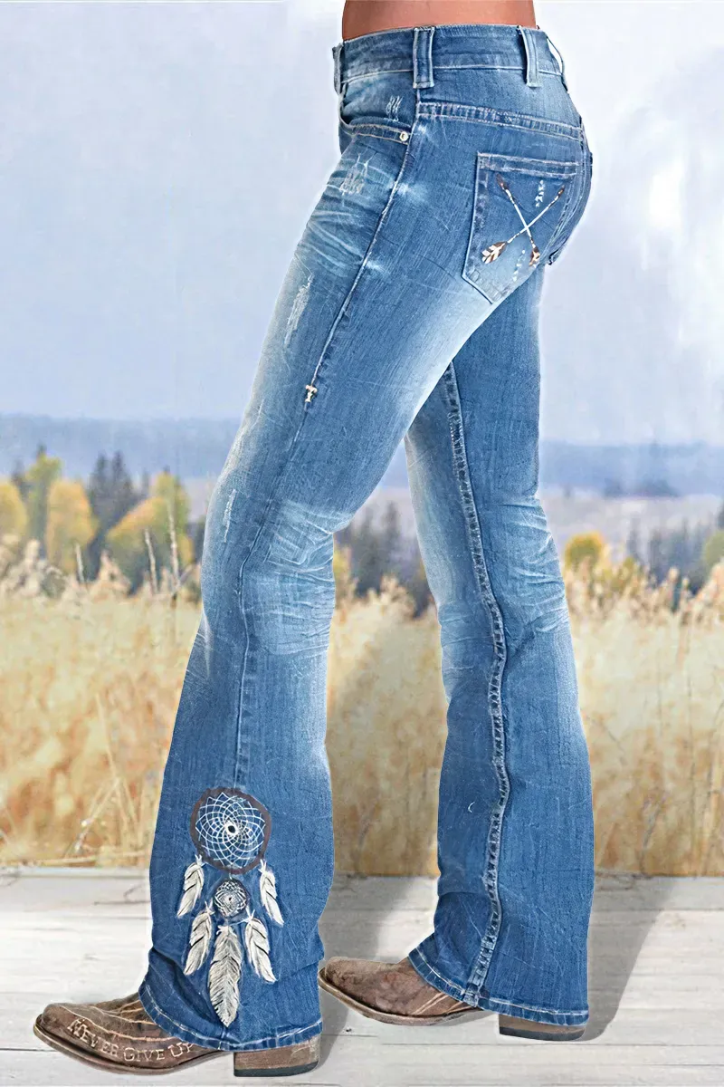 Vintage Feather Pattern Ripped Low Waist Bootcut Jeans
