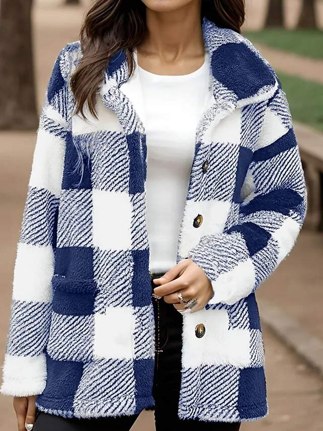 Women's Fleece Jacket Warm Sherpa Jacket with Pocket Plaid Teddy Coat Turndown Plush Casual Street Outerwear Long Sleeve Fall Winter Black