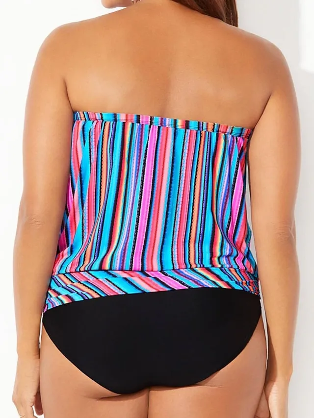 Women's Swimwear Tankini 2 Piece Plus Size Swimsuit 2 Piece Modest Swimwear Open Back Stripe Printing Striped Blue Tube Top Strapless Bathing Suits Sports Vacation Beach Wear