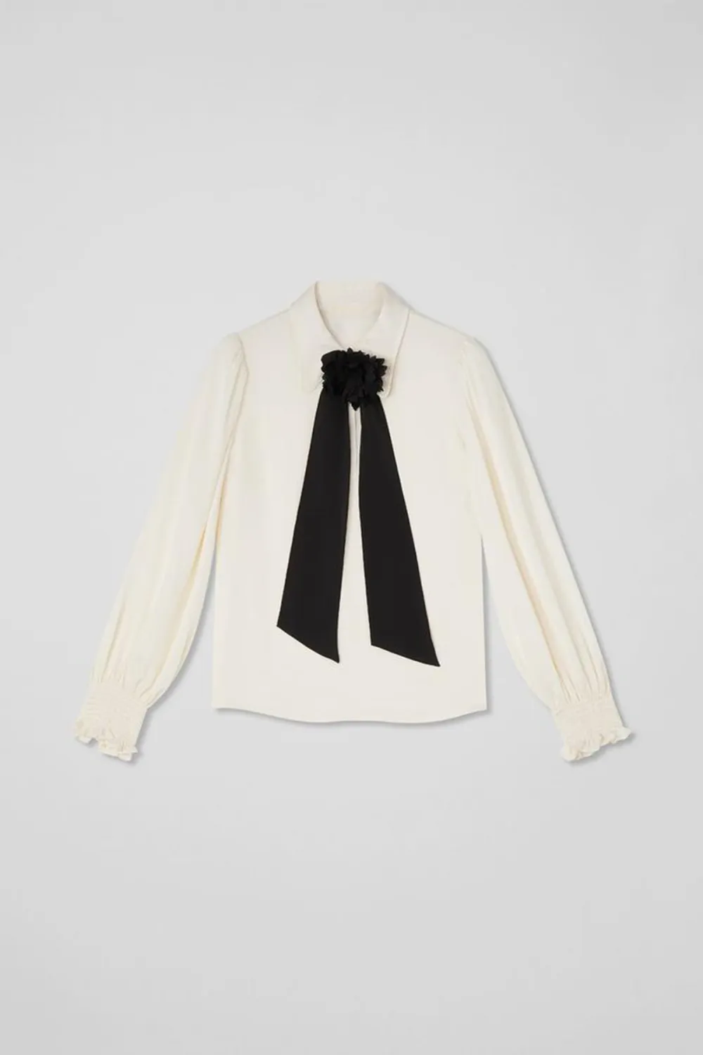 White Long Sleeve Bow Detail Silk Blouse
