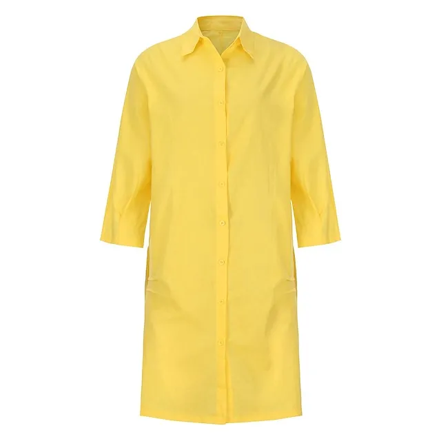 Women's Shirt Dress Casual Dress Cotton Linen Dress Midi Dress Cotton Blend Simple Basic Home Street Daily Shirt Collar Pocket Long Sleeve Summer Spring Fall 2023 Loose Fit Black White Yellow Pure