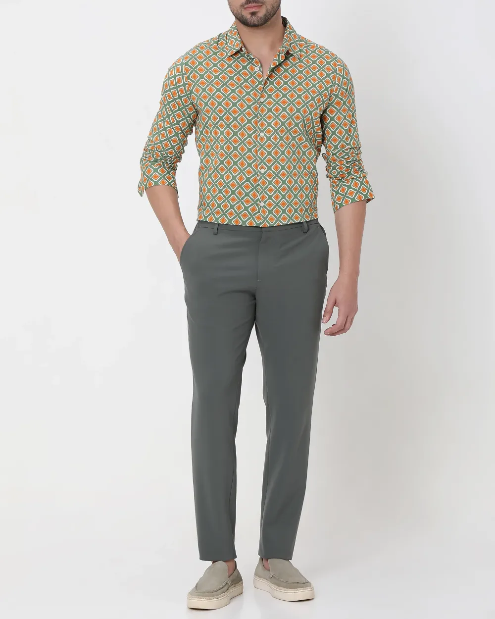 Classic Versatile Soft Slim-Fit Straight-Leg Olive Trousers