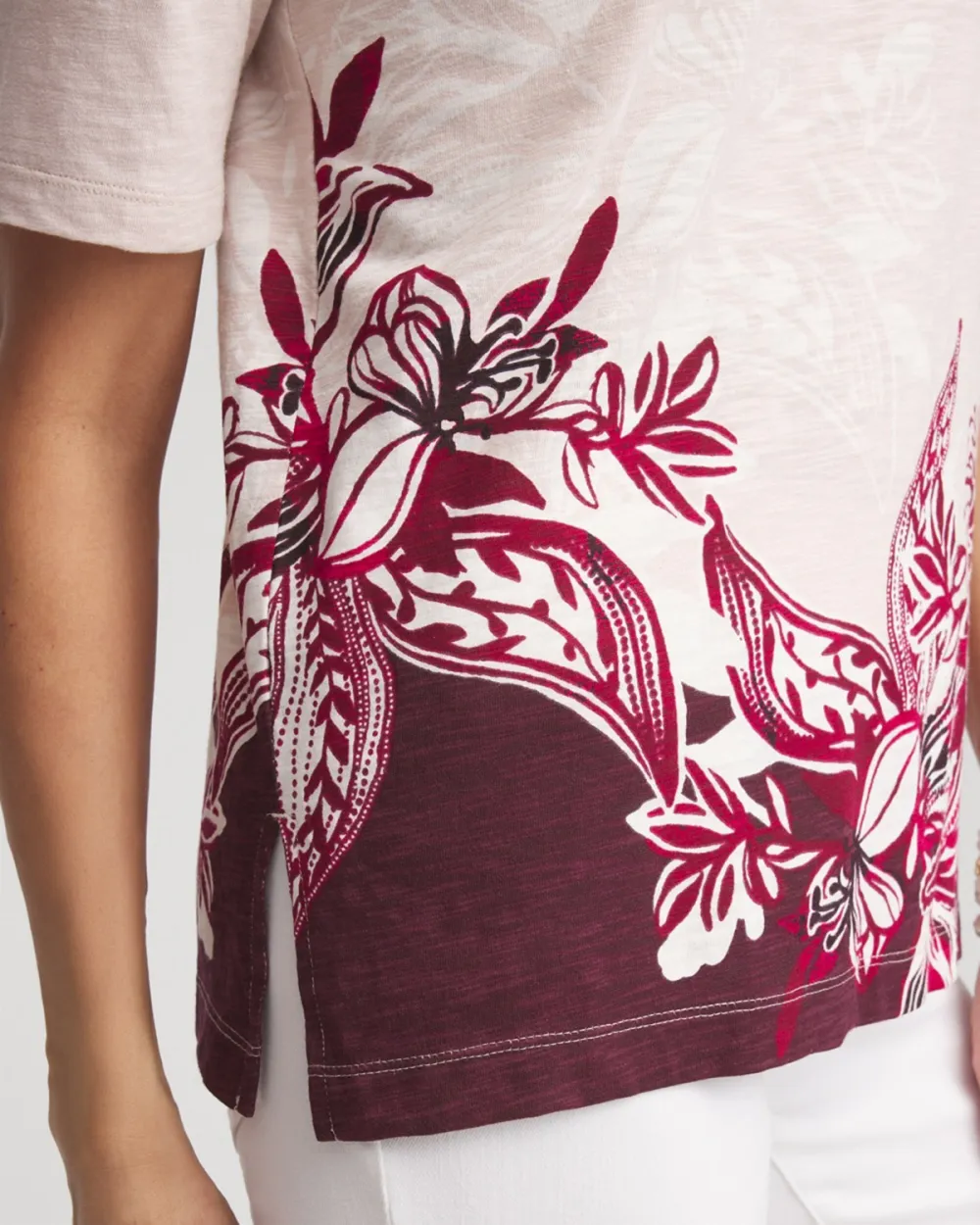 Short Sleeve Maroon Floral Hem Tee